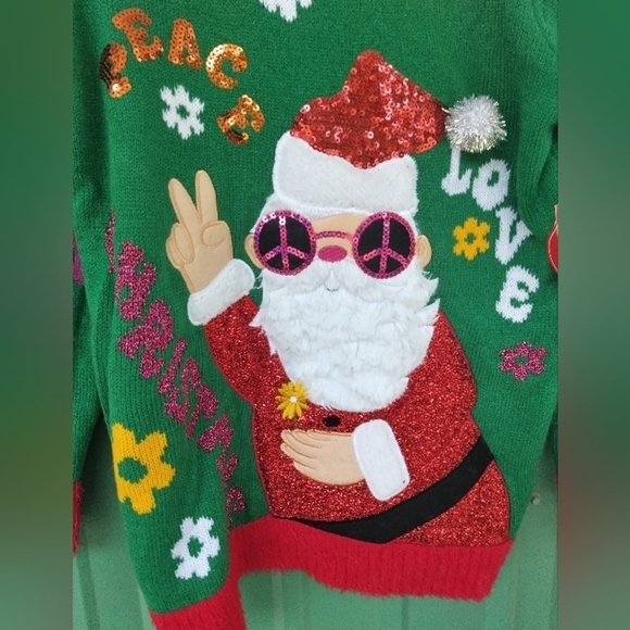 NEW Peace Love Christmas Ugly Christmas Sweater Size Large Hippie Santa Claus - Picture 2 of 6